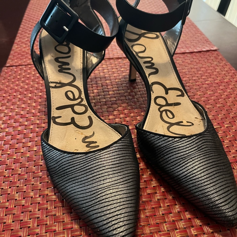Sam Edelman Black/Silver Textured Pointed-Toe Ankle-Strap Heels with Buckle